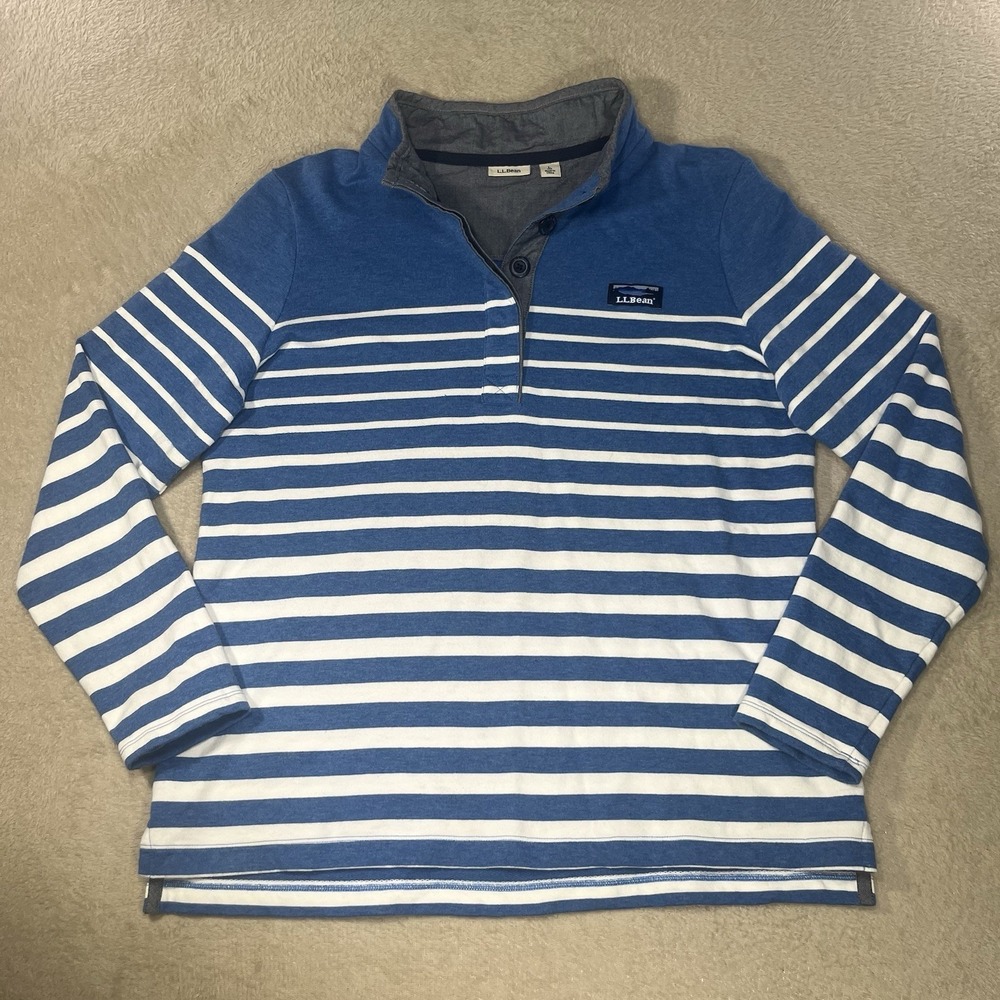 LL Bean Womens Sweater Large Blue White Striped Cotton Pullover Henley Rugby